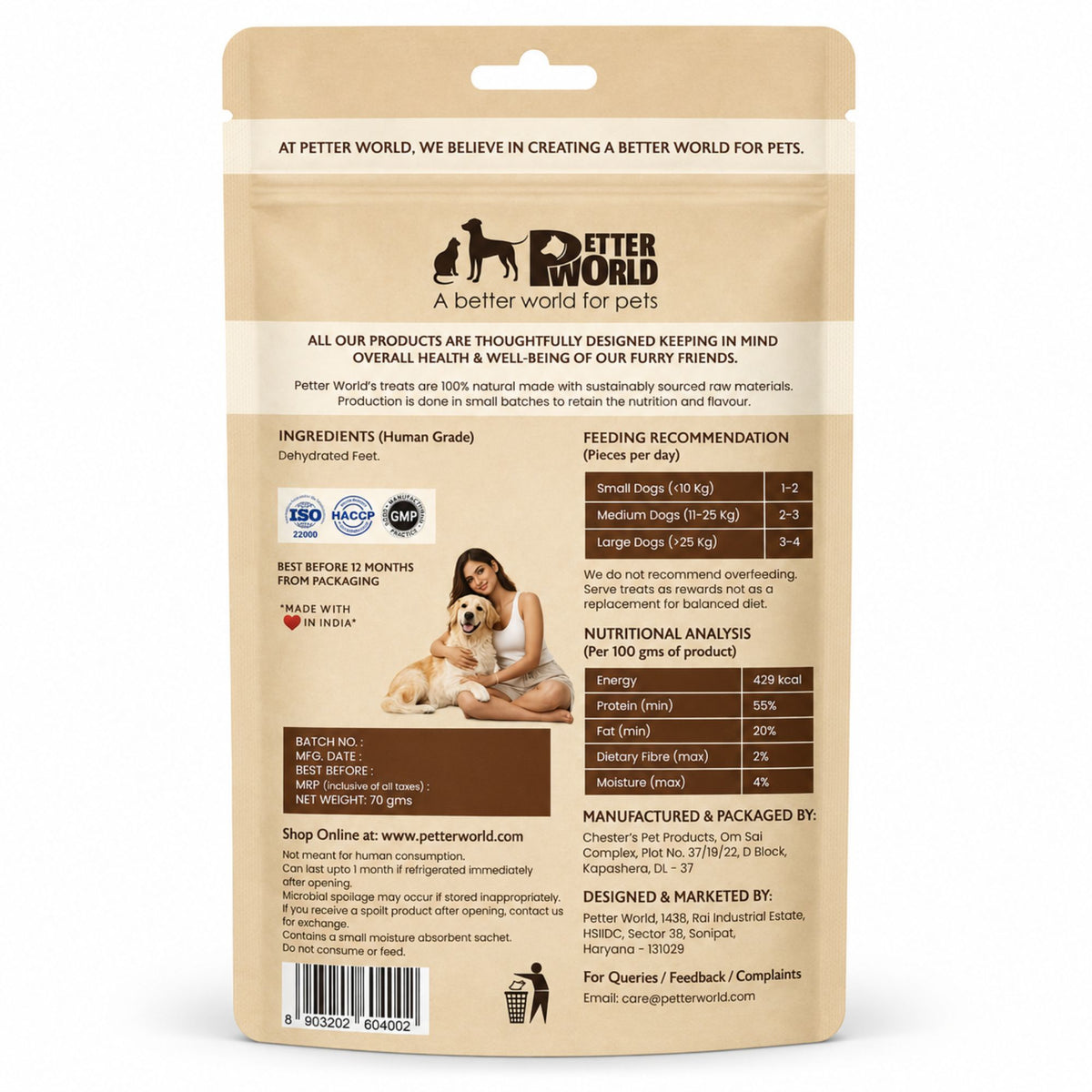 Petter World Dehydrated Chicken Feet for Dogs | Natural Crunchy Dog Chews | 70g