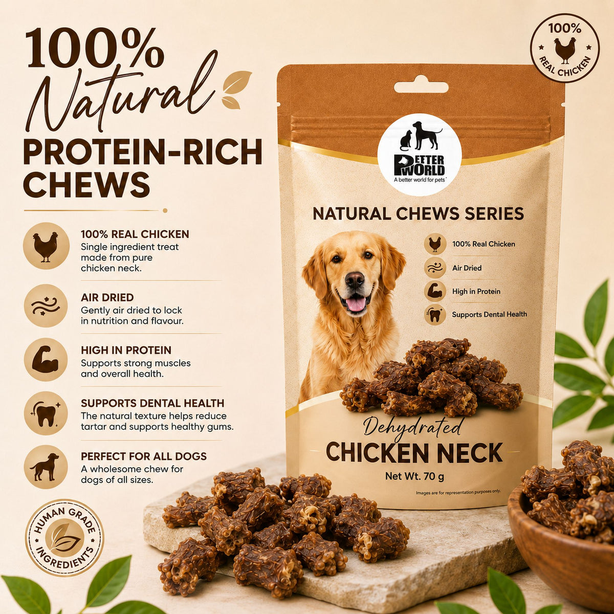 Petter World Dehydrated Chicken Neck for Dogs | Natural Chew Dog Treats | 70g