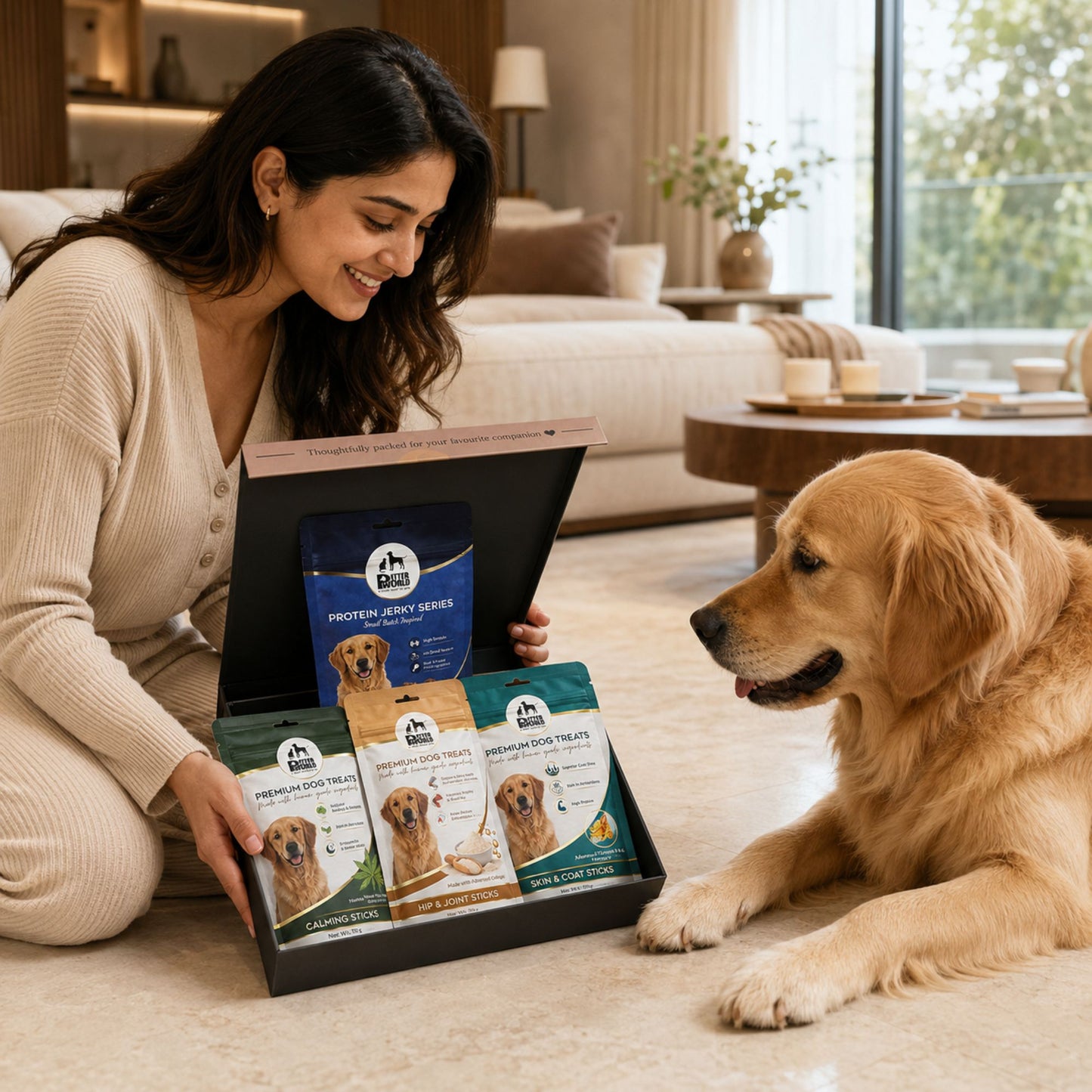 Petter World Treats Gift Pack for Dogs | Magnetic Gift Box | Calming Sticks, Hip & Joint Sticks, Skin & Coat Sticks and Chicken & Blueberry Jerky