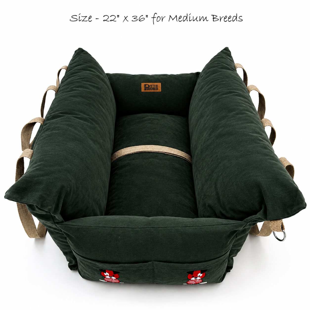 An Olive Green plush travel pet bed with tall bolster sides, tan straps, and small red embroidered dog faces on the front, shown on a white background with text reading 'Size - 22" x 36" for Medium Breeds'.