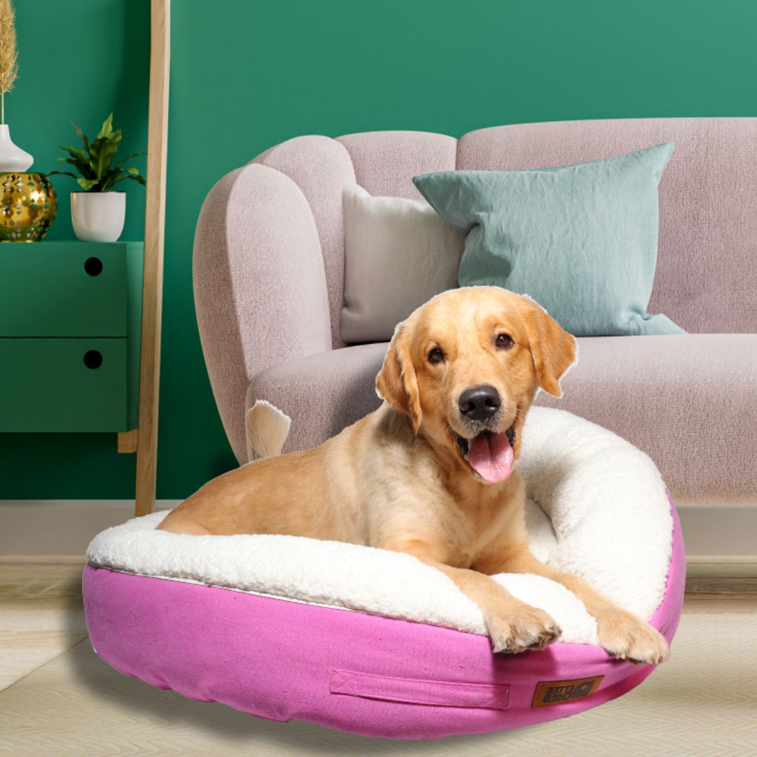 PetterWorld All weather Ultra Luxury Cotton Canvas Donut Dog Bed with Removable Sherpa fur Cushion for calming effect