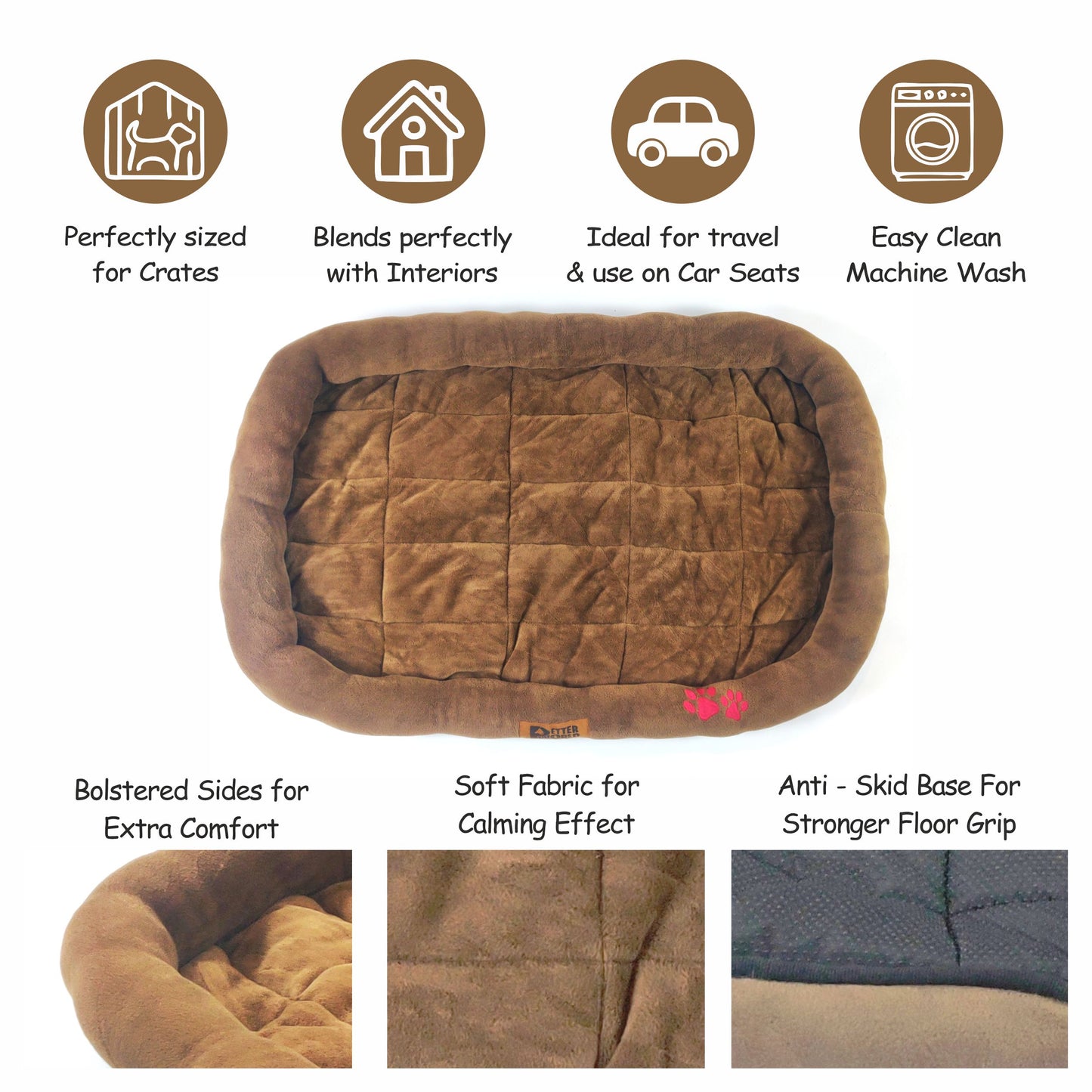 All Weather Ultra Soft Dog Mat with Padded Perimeters for Head & Jaw Support, Mocha Brown