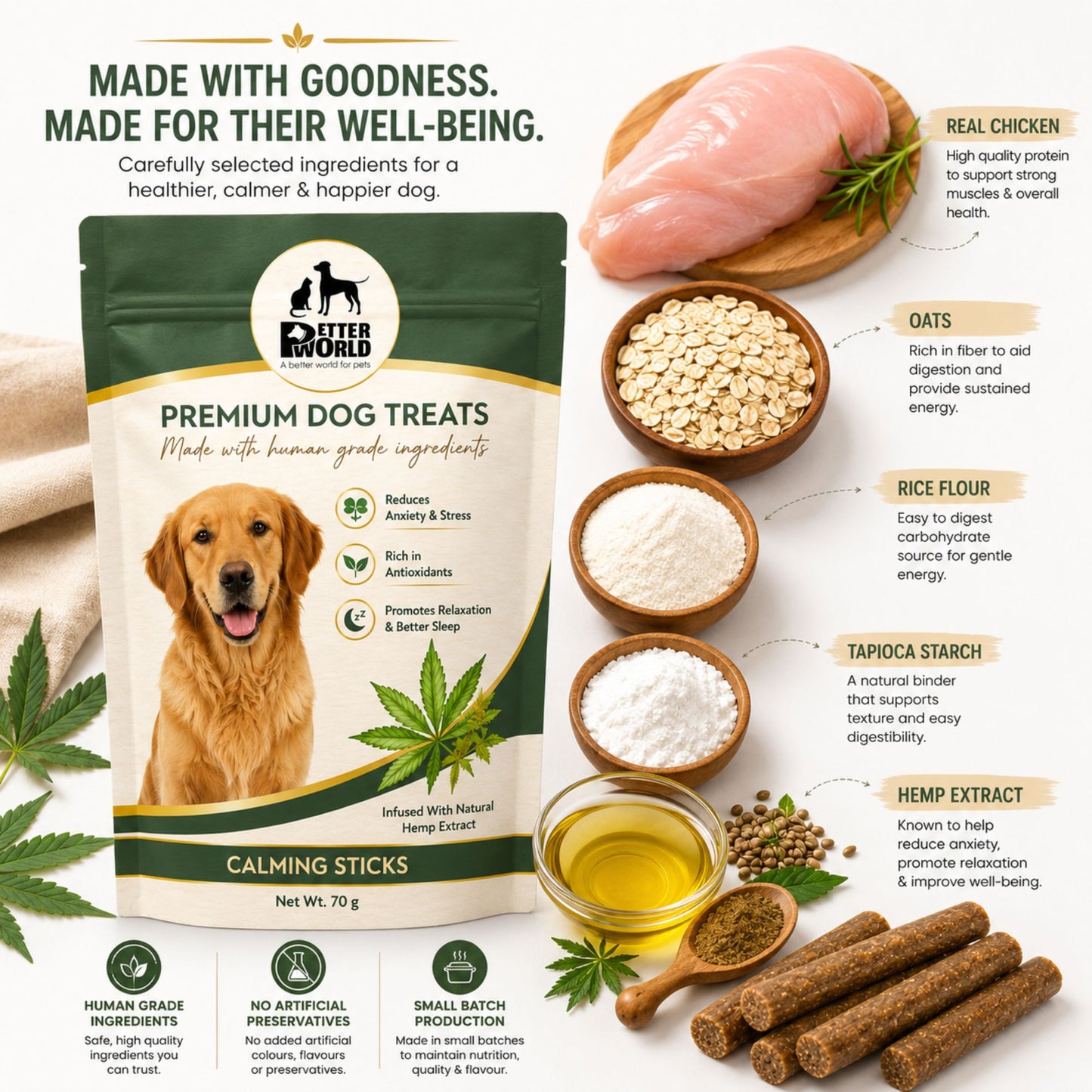 Petter World Calming Sticks for Dogs with Hemp Oil | Anti Anxiety Functional Dog Treats | 70g
