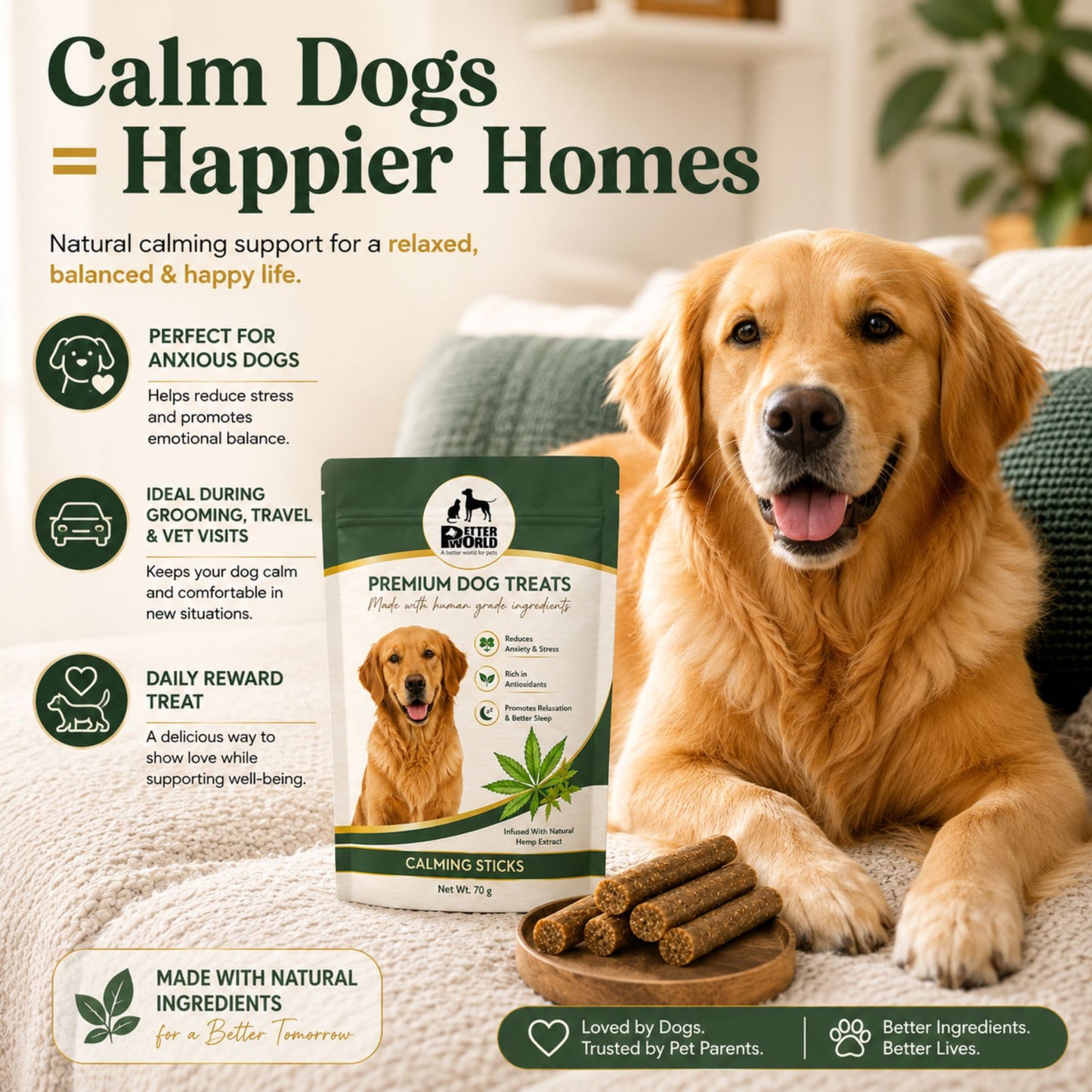 Petter World Calming Sticks for Dogs with Hemp Oil | Anti Anxiety Functional Dog Treats | 70g