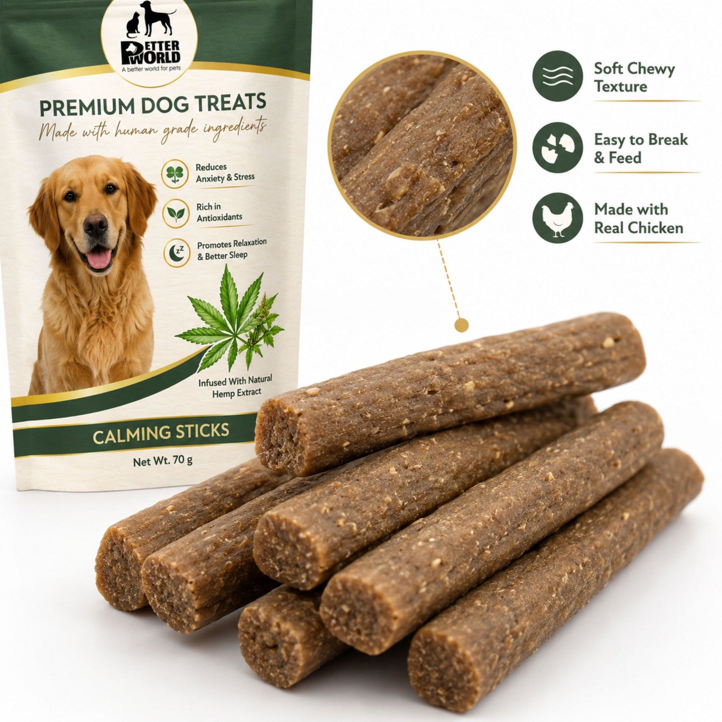 Petter World Calming Sticks for Dogs with Hemp Oil | Anti Anxiety Functional Dog Treats | 70g