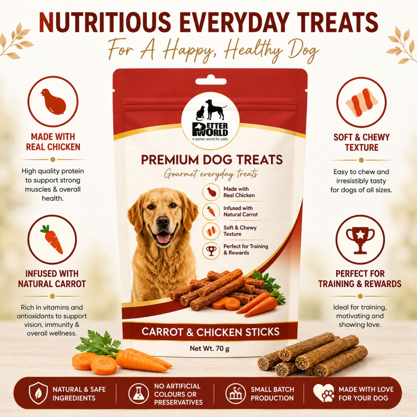 Petter World Carrot & Chicken Sticks for Dogs | Soft Gourmet Chicken Dog Treats | 70g