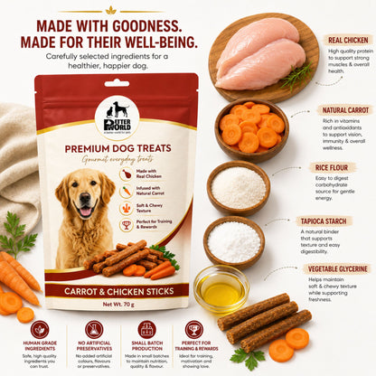 Petter World Carrot & Chicken Sticks for Dogs | Soft Gourmet Chicken Dog Treats | 70g
