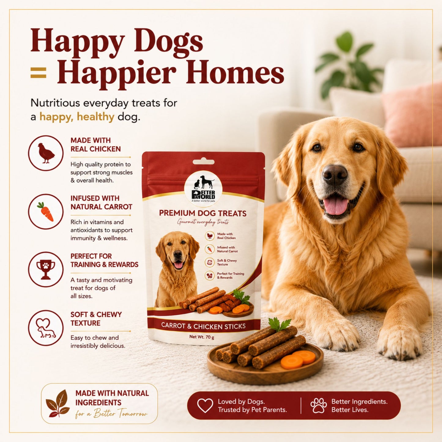 Petter World Carrot & Chicken Sticks for Dogs | Soft Gourmet Chicken Dog Treats | 70g