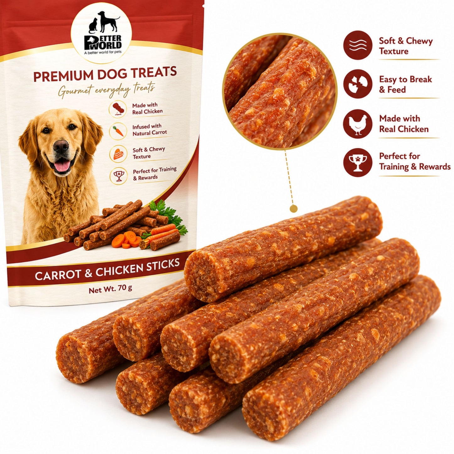 Petter World Carrot & Chicken Sticks for Dogs | Soft Gourmet Chicken Dog Treats | 70g