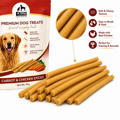 Petter World Carrot & Chicken Sticks for Dogs | Soft Gourmet Chicken Dog Treats | 70g