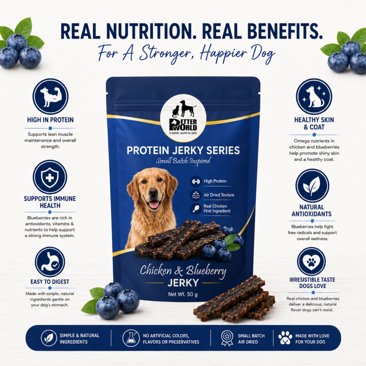 Petter World Chicken & Blueberry Jerky for Dogs | Premium Protein Dog Treats | 50g