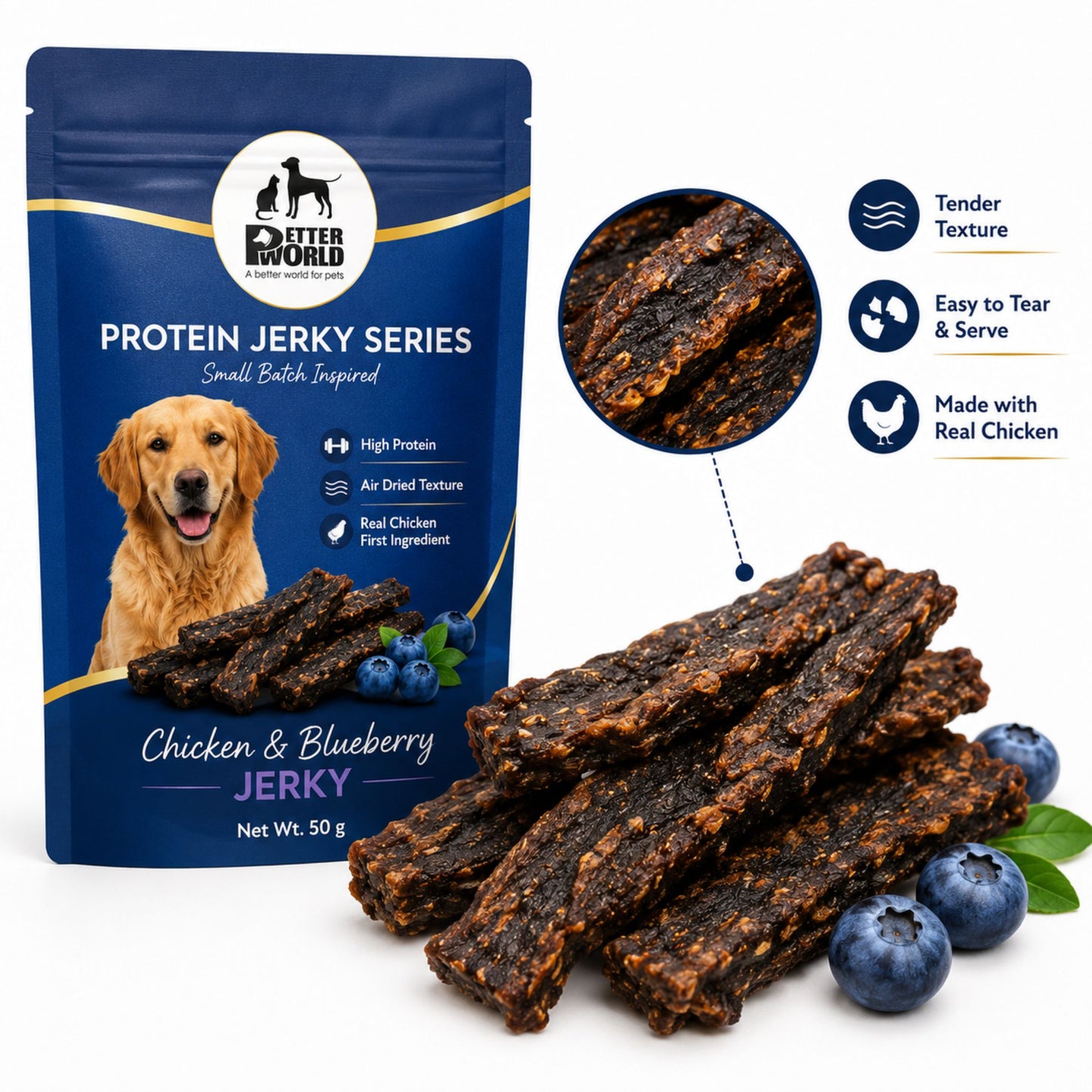 Petter World Chicken & Blueberry Jerky for Dogs | Premium Protein Dog Treats | 50g