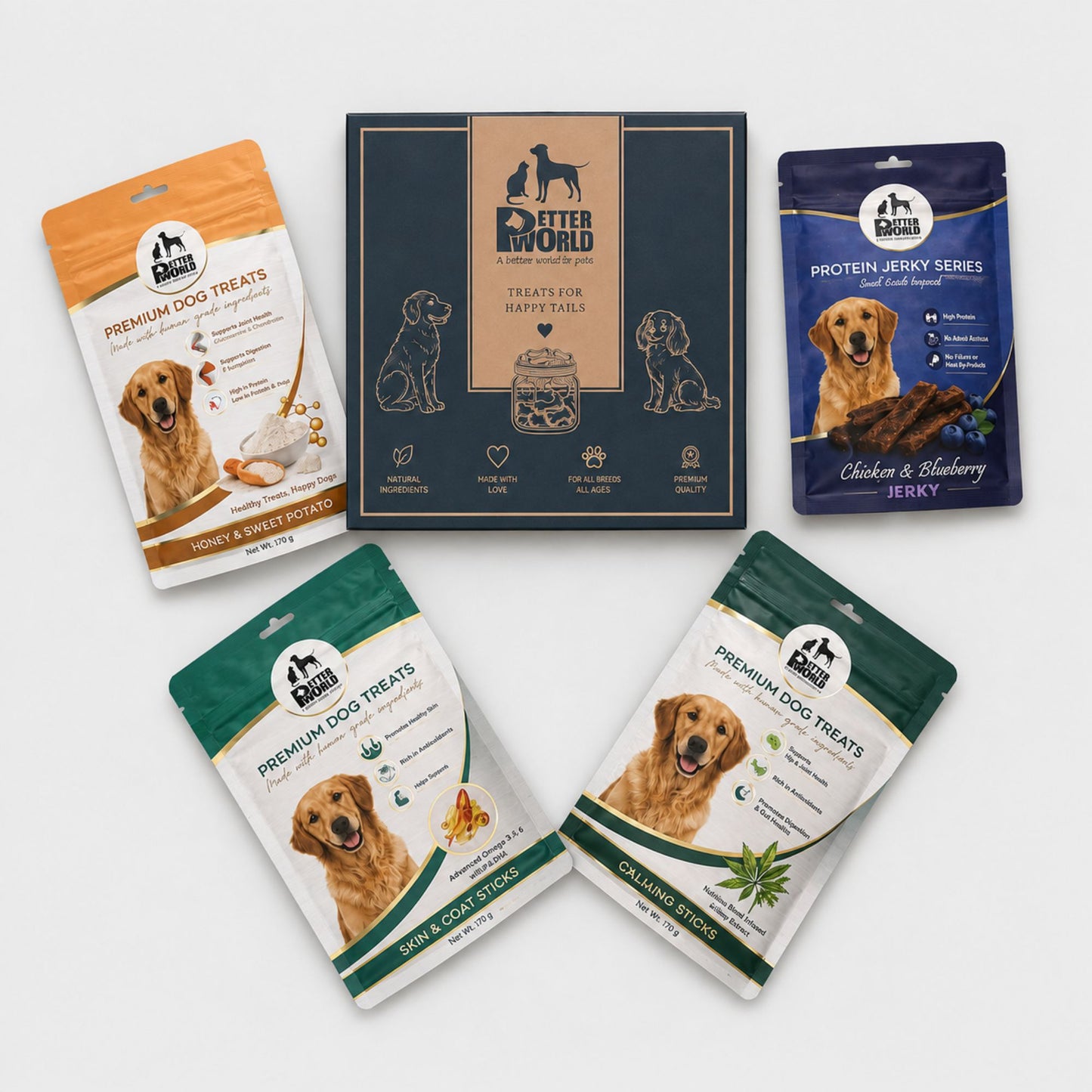 Petter World Treats Gift Pack for Dogs | Magnetic Gift Box | Calming Sticks, Hip & Joint Sticks, Skin & Coat Sticks and Chicken & Blueberry Jerky