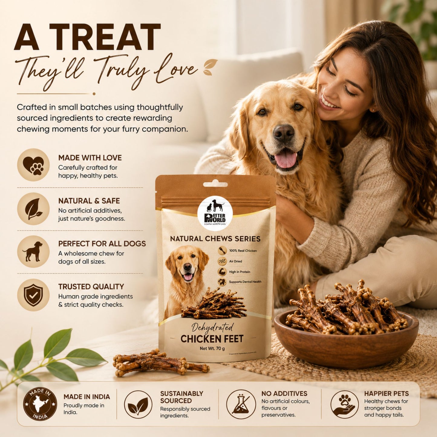 Petter World Dehydrated Chicken Feet for Dogs | Natural Crunchy Dog Chews | 70g