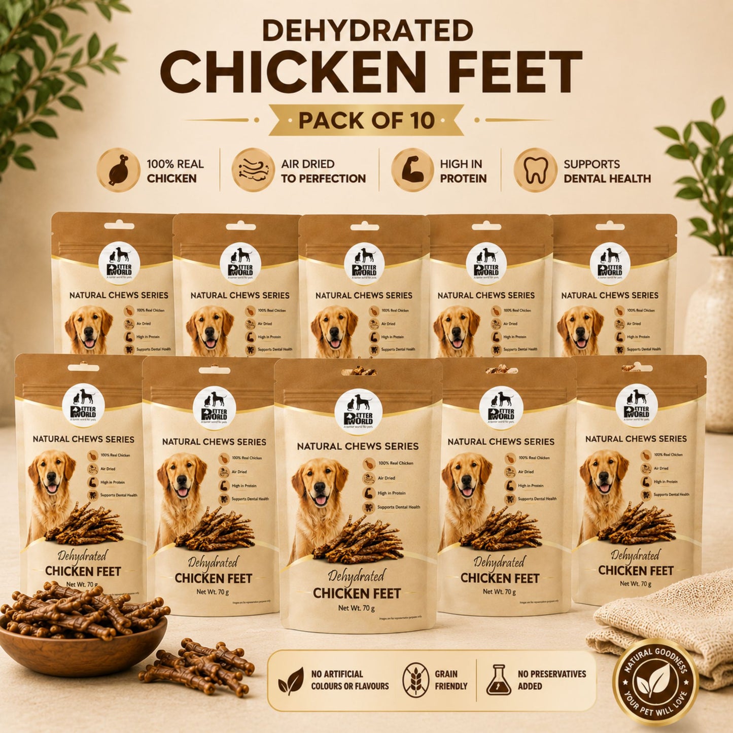 Petter World Dehydrated Chicken Feet for Dogs | Natural Crunchy Dog Chews | 70g