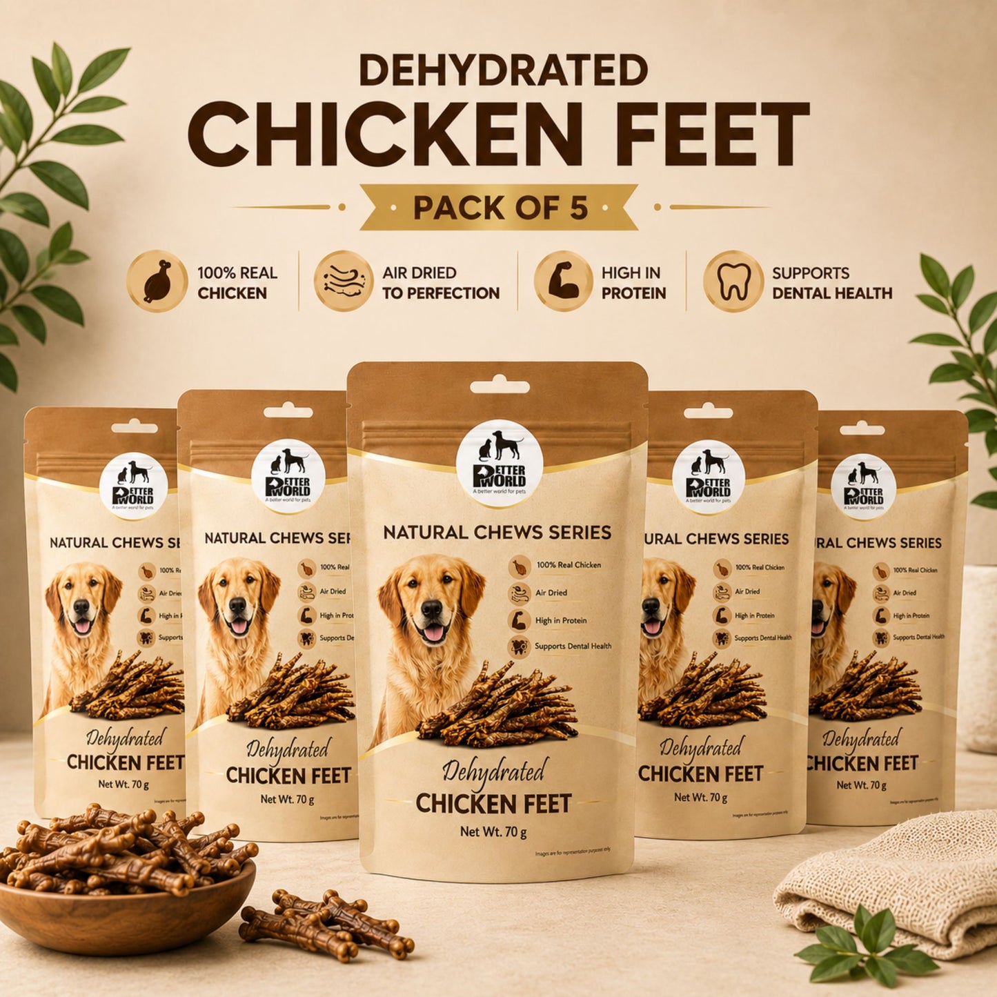 Petter World Dehydrated Chicken Feet for Dogs | Natural Crunchy Dog Chews | 70g