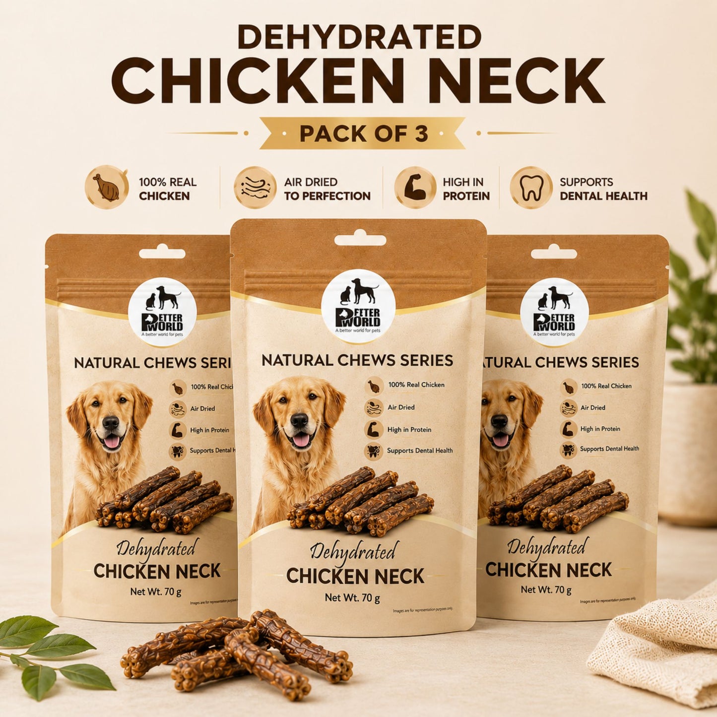 Petter World Dehydrated Chicken Neck for Dogs | Natural Chew Dog Treats | 70g