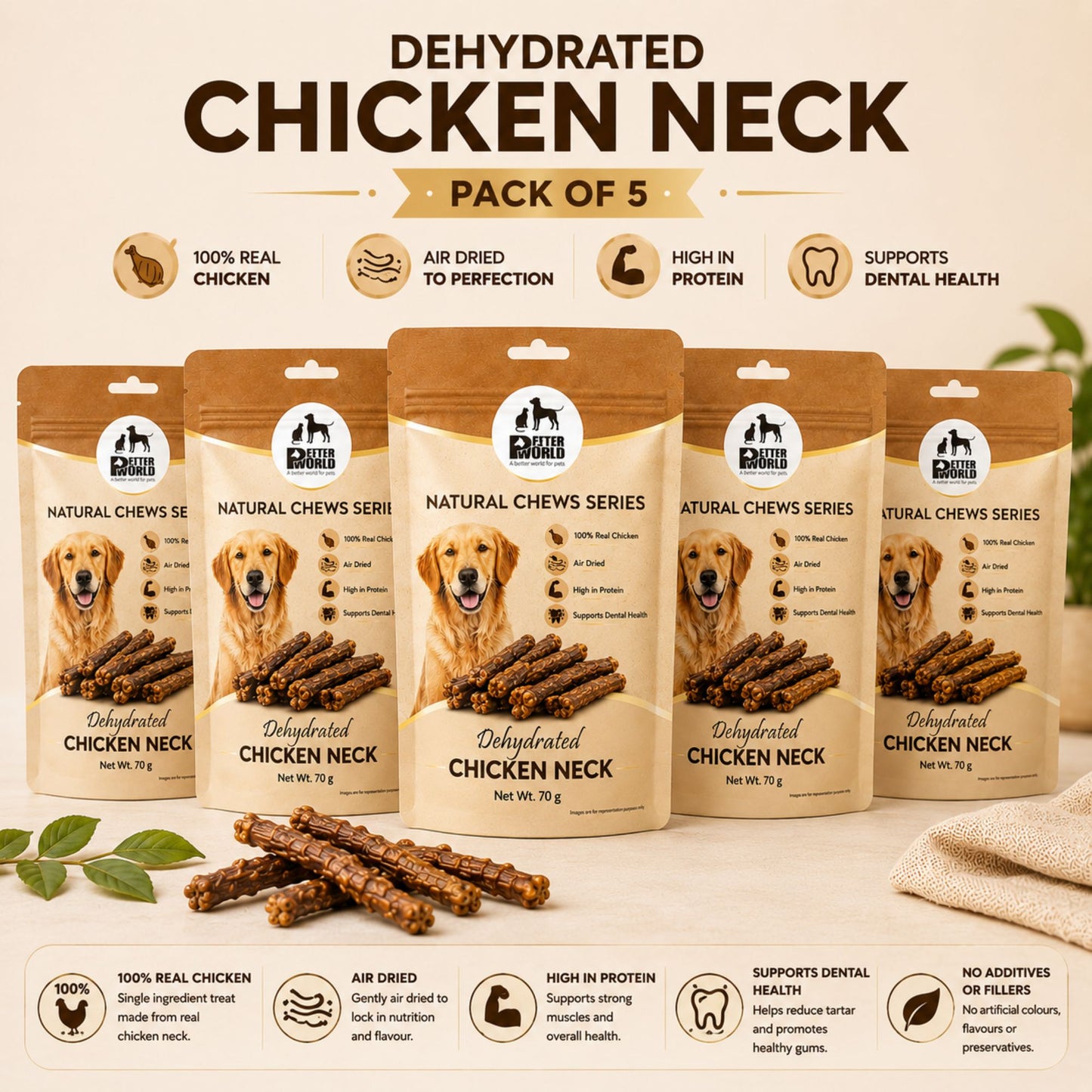 Petter World Dehydrated Chicken Neck for Dogs | Natural Chew Dog Treats | 70g