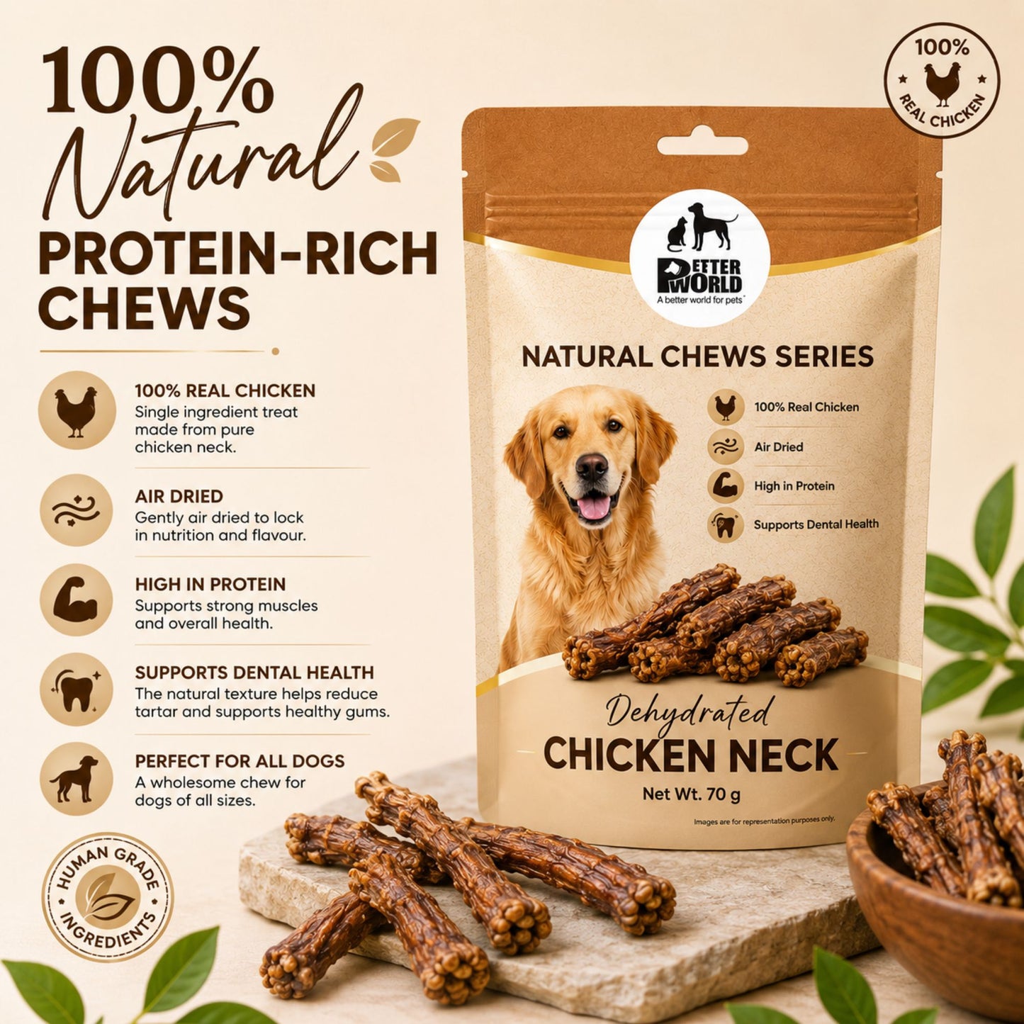Petter World Dehydrated Chicken Neck for Dogs | Natural Chew Dog Treats | 70g