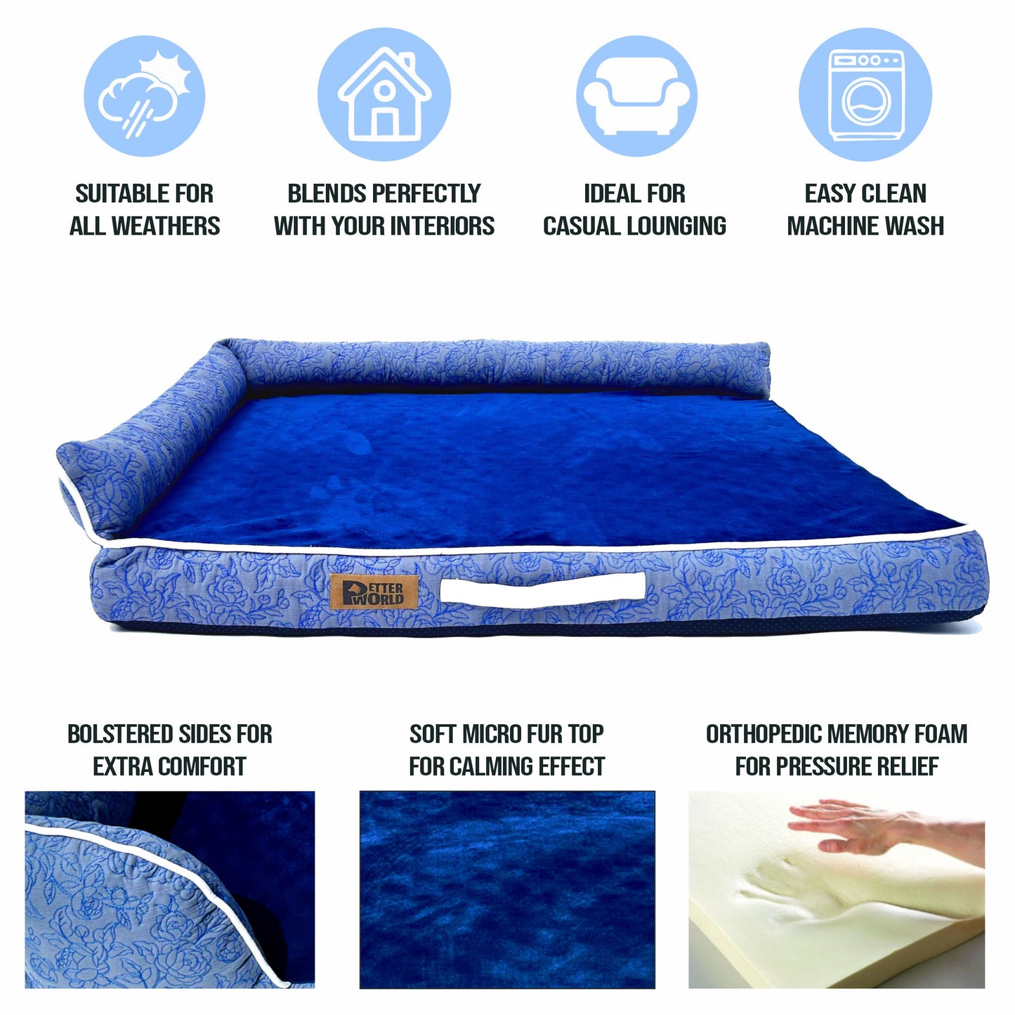 Petter World LowRise Sofa – Luxury Orthopedic Memory Foam Dog Bed with Bolster Support | Removable Washable Cover | Cooling Option | For Large & Senior Dogs