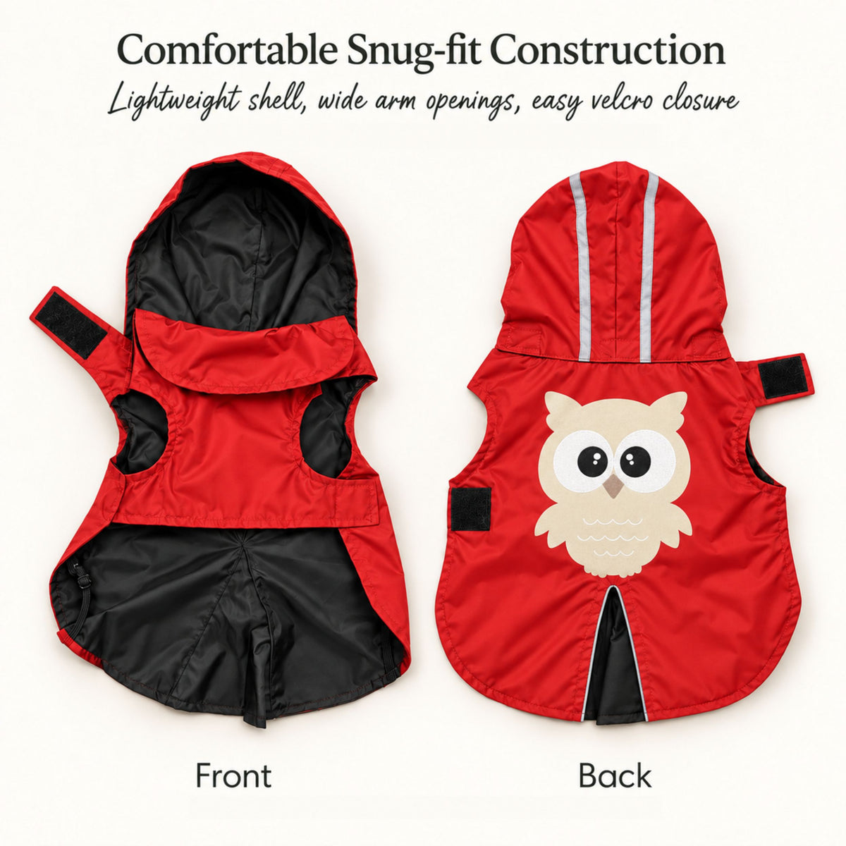 Petter World WildWood Owl Dog Windcheater - Light Weight Jacket for Early Winters | Water Repellent | Reflective Strips & Easy Velcro Closure - Fiery Red