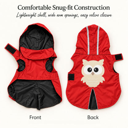 Petter World WildWood Owl Dog Windcheater - Light Weight Jacket for Early Winters | Water Repellent | Reflective Strips & Easy Velcro Closure - Fiery Red