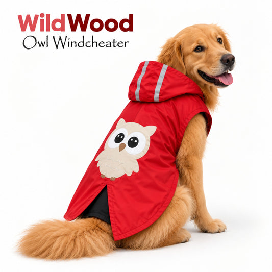 Petter World WildWood Owl Dog Windcheater - Light Weight Jacket for Early Winters | Water Repellent | Reflective Strips & Easy Velcro Closure - Fiery Red