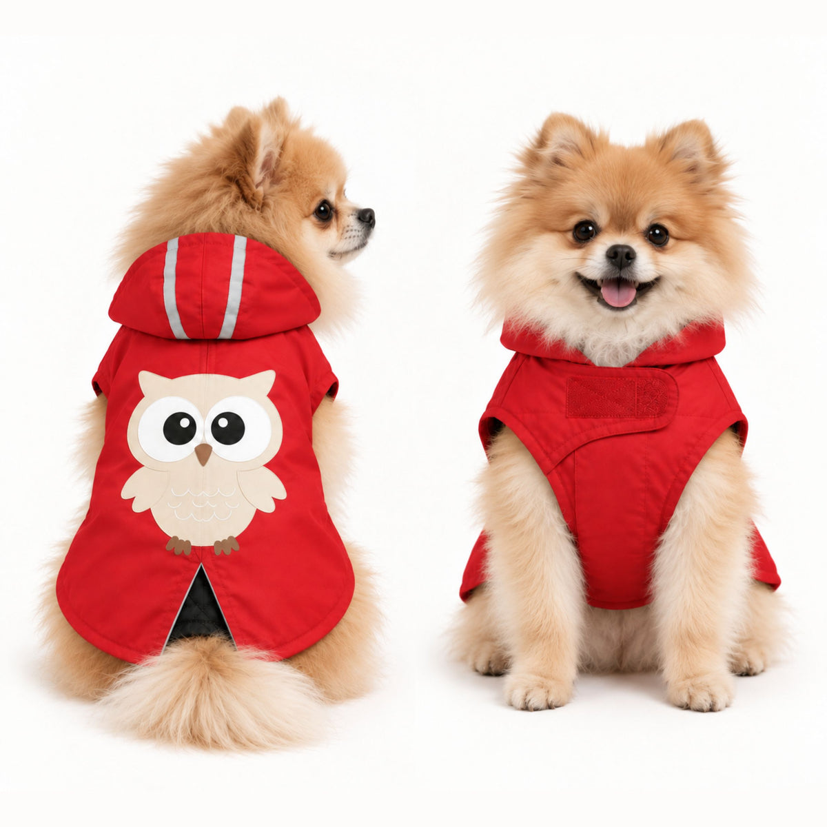 Petter World WildWood Owl Dog Windcheater - Light Weight Jacket for Early Winters | Water Repellent | Reflective Strips & Easy Velcro Closure - Fiery Red