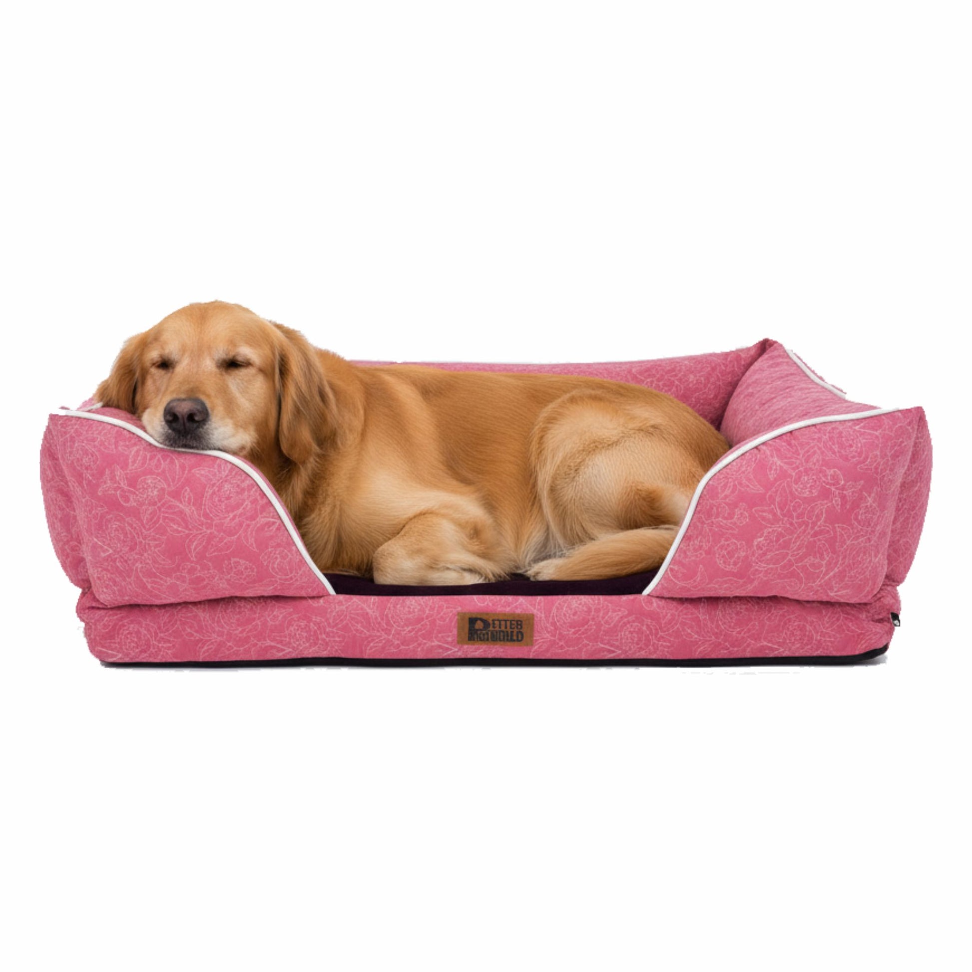 Pet dog resting on Imperial Pink orthopedic sofa bed with micro fur surface