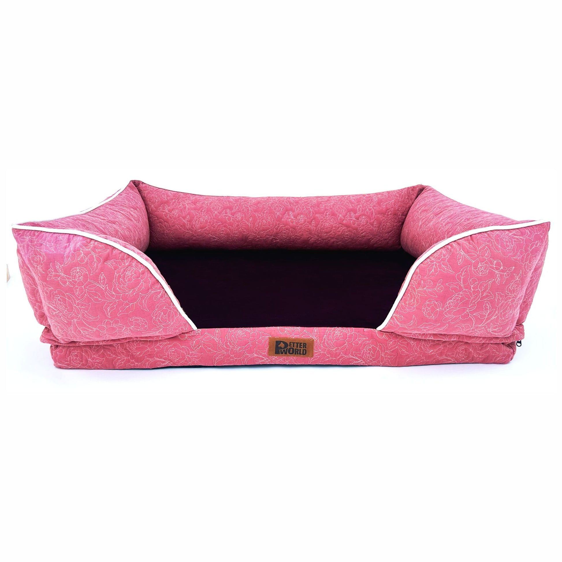 Luxury orthopedic dog sofa bed in pink with embroidered quilted cover – Petter World Imperial Collection