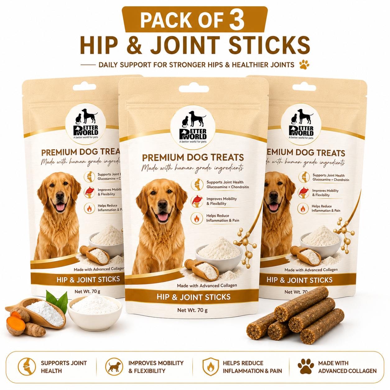 Petter World Hip & Joint Sticks for Dogs with Glucosamine & Collagen | Joint Support Dog Treats | 70g