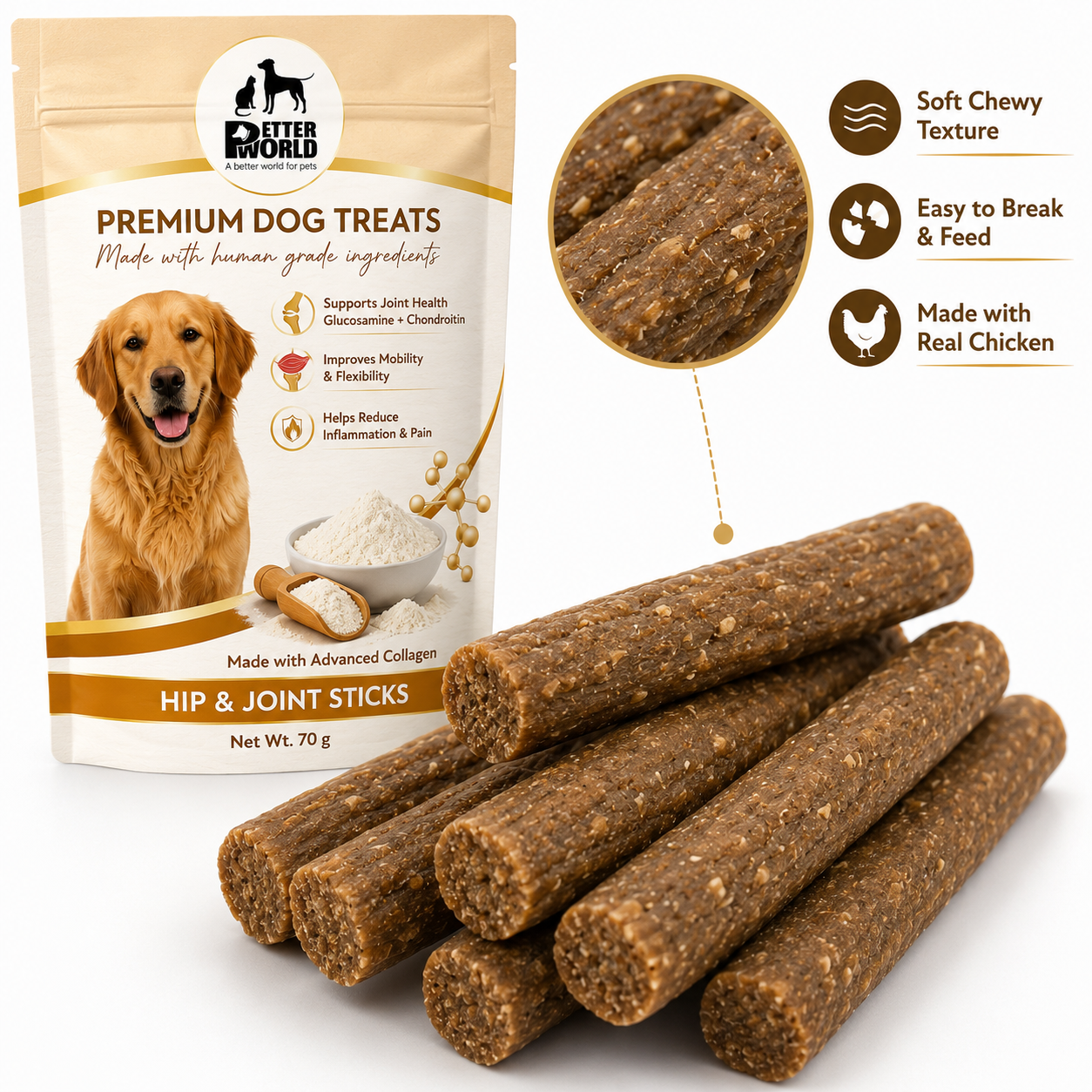 Petter World Hip & Joint Sticks for Dogs with Glucosamine & Collagen | Joint Support Dog Treats | 70g