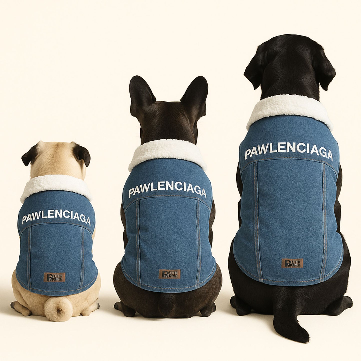 Petter World Pawluxe Sherpa Denim Jacket – Premium Winter Dog Coat | Blue Denim with White Fur Collar | Soft Velcro Closure, Distressed Armholes & Cozy Lining