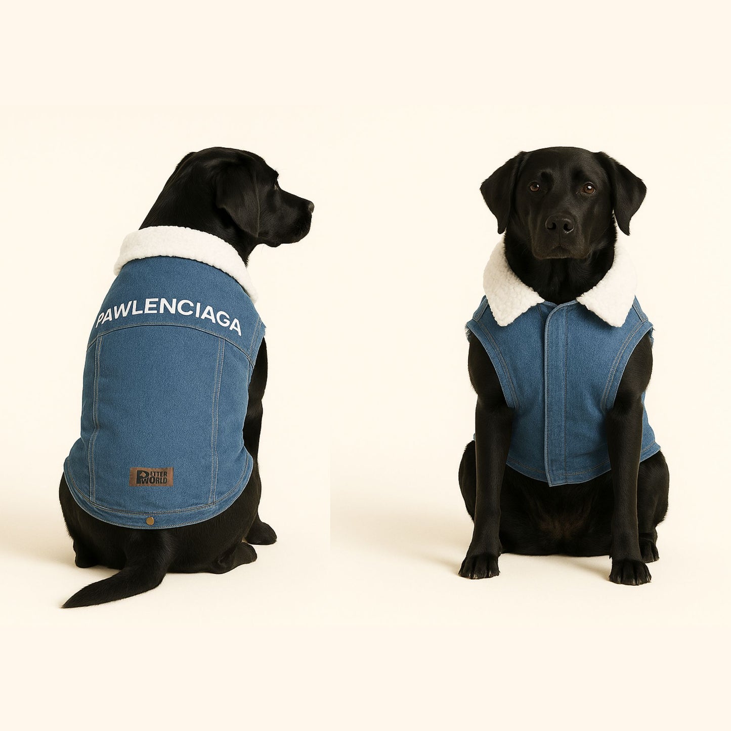 Petter World Pawluxe Sherpa Denim Jacket – Premium Winter Dog Coat | Blue Denim with White Fur Collar | Soft Velcro Closure, Distressed Armholes & Cozy Lining