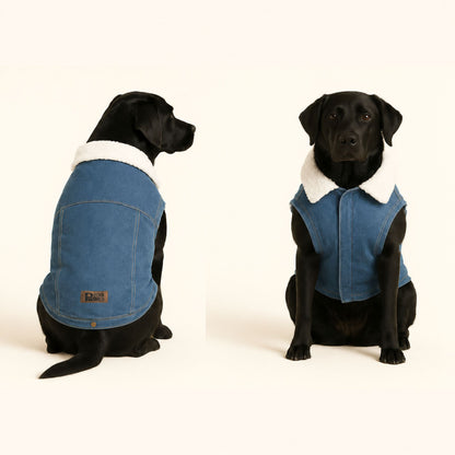 Petter World Pawluxe Sherpa Denim Jacket – Premium Winter Dog Coat | Blue Denim with White Fur Collar | Soft Velcro Closure, Distressed Armholes & Cozy Lining