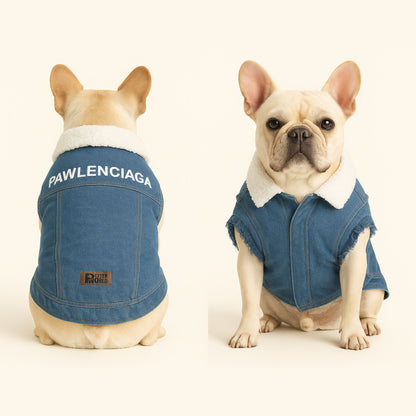 Petter World Pawluxe Sherpa Denim Jacket – Premium Winter Dog Coat | Blue Denim with White Fur Collar | Soft Velcro Closure, Distressed Armholes & Cozy Lining