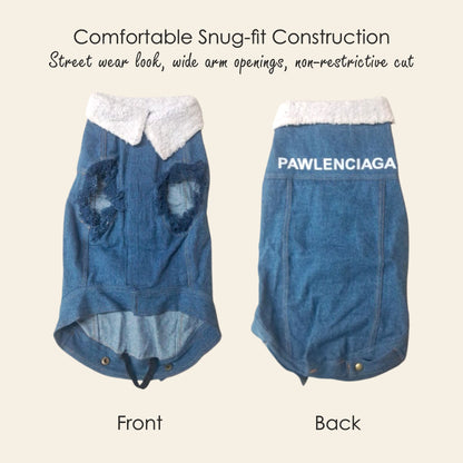 Petter World Pawluxe Sherpa Denim Jacket – Premium Winter Dog Coat | Blue Denim with White Fur Collar | Soft Velcro Closure, Distressed Armholes & Cozy Lining