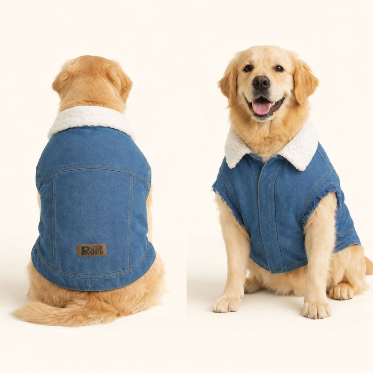 Petter World Pawluxe Sherpa Denim Jacket – Premium Winter Dog Coat | Blue Denim with White Fur Collar | Soft Velcro Closure, Distressed Armholes & Cozy Lining