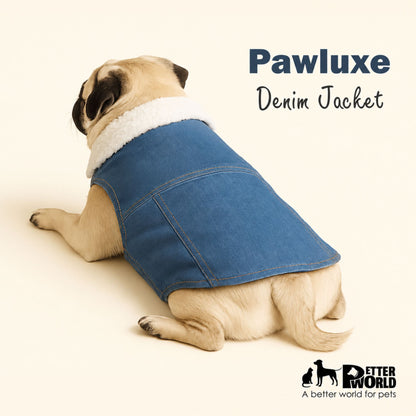 Petter World Pawluxe Sherpa Denim Jacket – Premium Winter Dog Coat | Blue Denim with White Fur Collar | Soft Velcro Closure, Distressed Armholes & Cozy Lining