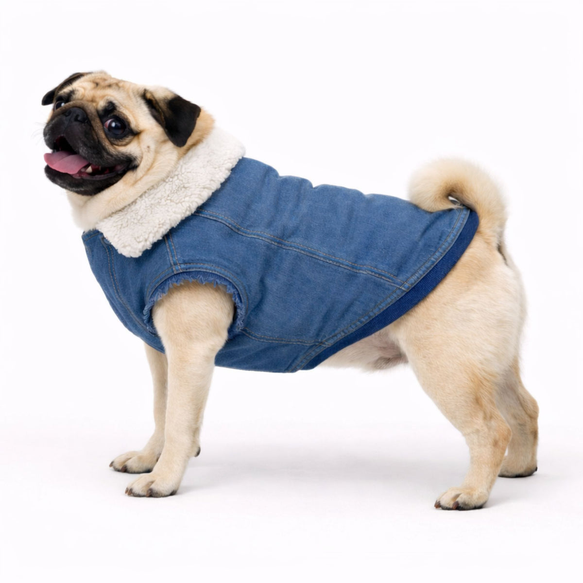 Petter World Pawluxe Sherpa Denim Jacket – Premium Winter Dog Coat | Blue Denim with White Fur Collar | Soft Velcro Closure, Distressed Armholes & Cozy Lining