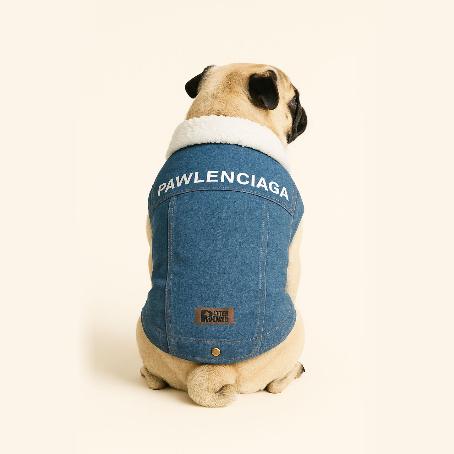 Petter World Pawluxe Sherpa Denim Jacket – Premium Winter Dog Coat | Blue Denim with White Fur Collar | Soft Velcro Closure, Distressed Armholes & Cozy Lining