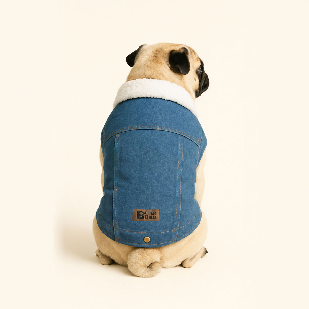 Petter World Pawluxe Sherpa Denim Jacket – Premium Winter Dog Coat | Blue Denim with White Fur Collar | Soft Velcro Closure, Distressed Armholes & Cozy Lining