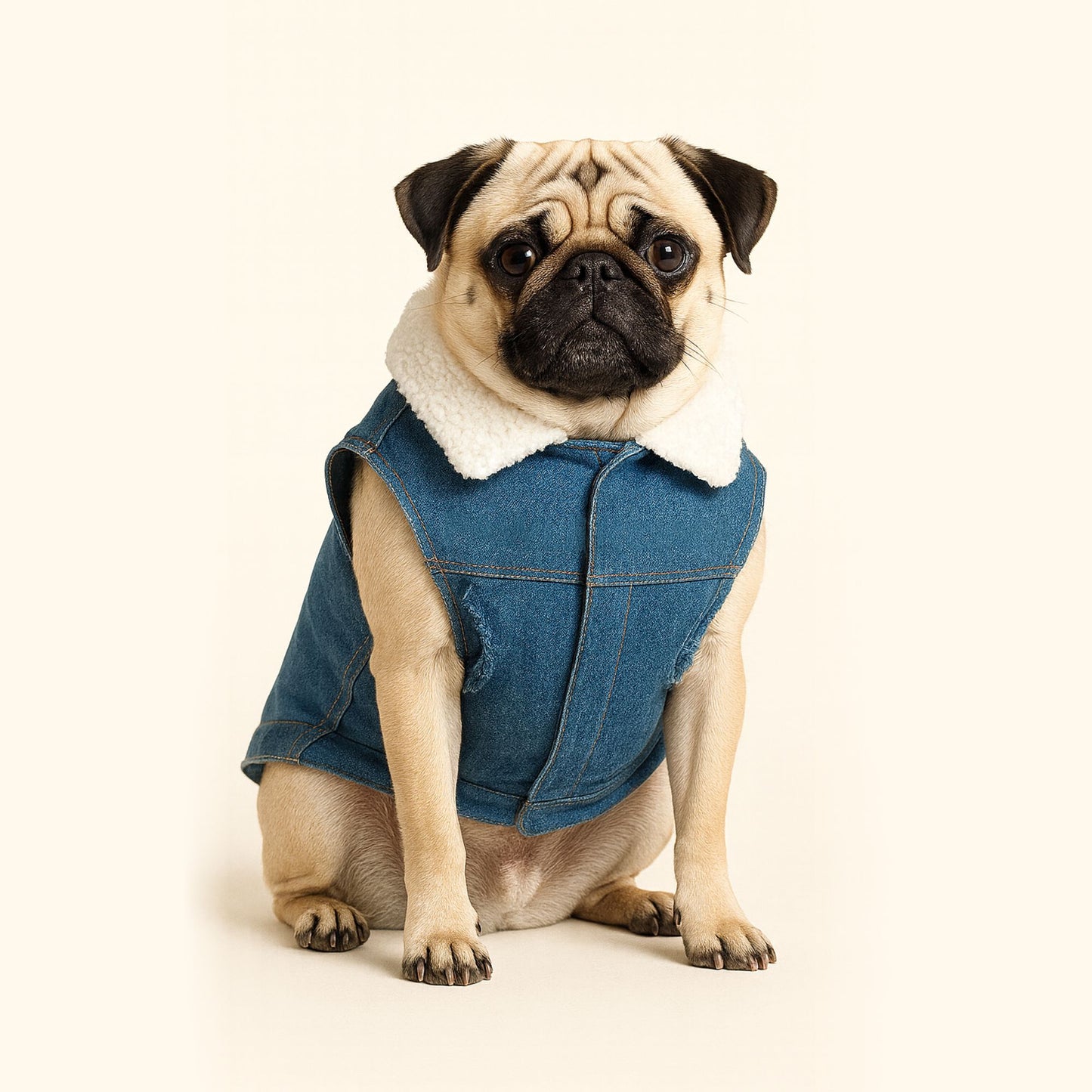 Petter World Pawluxe Sherpa Denim Jacket – Premium Winter Dog Coat | Blue Denim with White Fur Collar | Soft Velcro Closure, Distressed Armholes & Cozy Lining