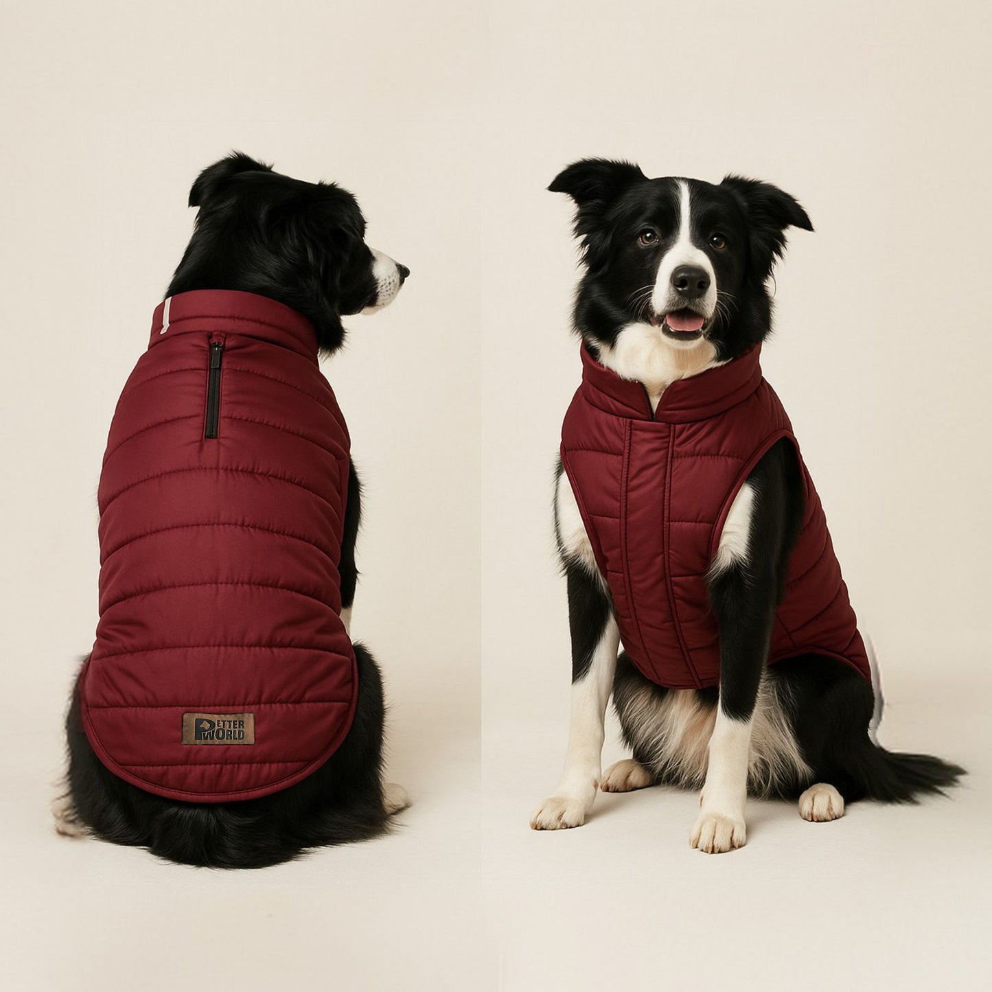 Petter World ThermoGuard Classic Jacket – Premium Maroon Puffer Coat for Dogs | High-Neck Winter Protection | Leash-Access Zipper, Soft Cotton Lining & Easy Velcro Closure