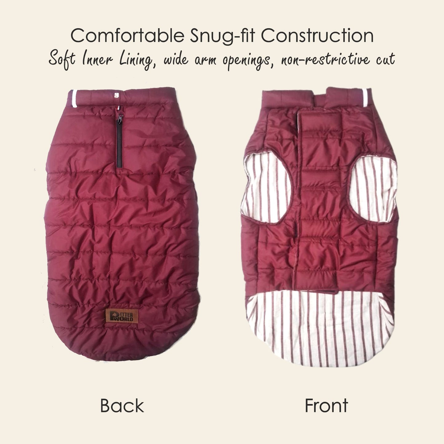 Petter World ThermoGuard Classic Jacket – Premium Maroon Puffer Coat for Dogs | High-Neck Winter Protection | Leash-Access Zipper, Soft Cotton Lining & Easy Velcro Closure