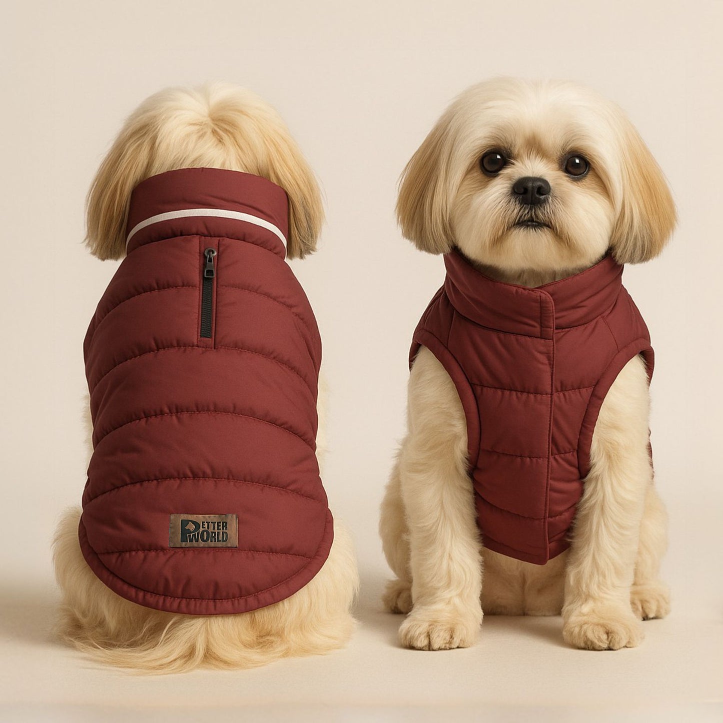 Petter World ThermoGuard Classic Jacket – Premium Maroon Puffer Coat for Dogs | High-Neck Winter Protection | Leash-Access Zipper, Soft Cotton Lining & Easy Velcro Closure
