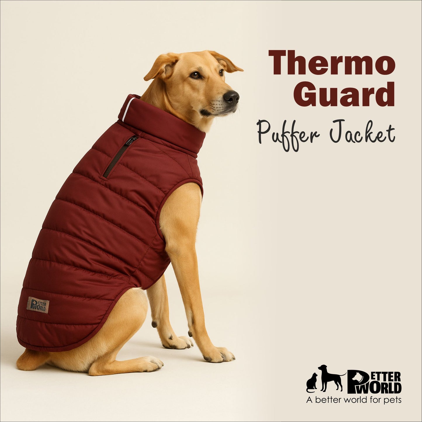 Petter World ThermoGuard Classic Jacket – Premium Maroon Puffer Coat for Dogs | High-Neck Winter Protection | Leash-Access Zipper, Soft Cotton Lining & Easy Velcro Closure