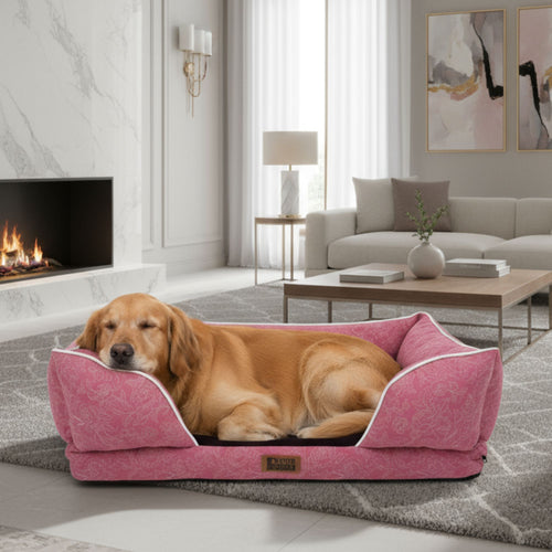 Luxury orthopedic dog sofa bed in pink with embroidered quilted cover – Petter World Imperial Collection