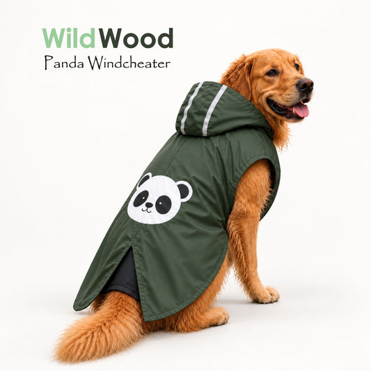 Petter World WildWood Panda Dog Windcheater - Light Weight Jacket for Early Winters | Water Repellent | Reflective Strips & Easy Velcro Closure - Olive Green