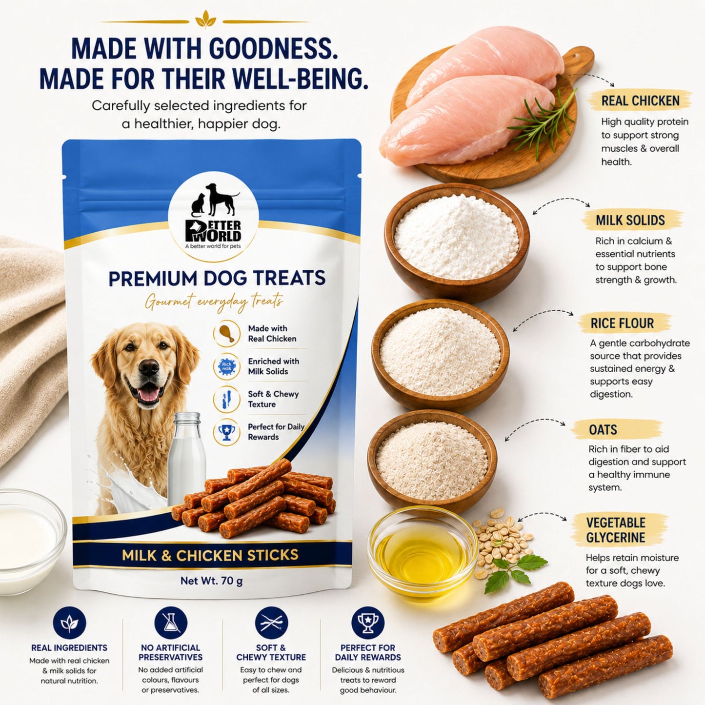 Petter World Milk & Chicken Sticks for Dogs | Soft Gourmet Chicken Dog Treats | 70g